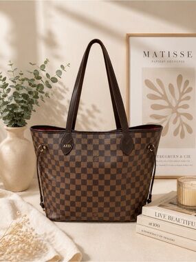 Louis Vuitton Brown Checkered Neverfull Tote with Dark Brown Handles